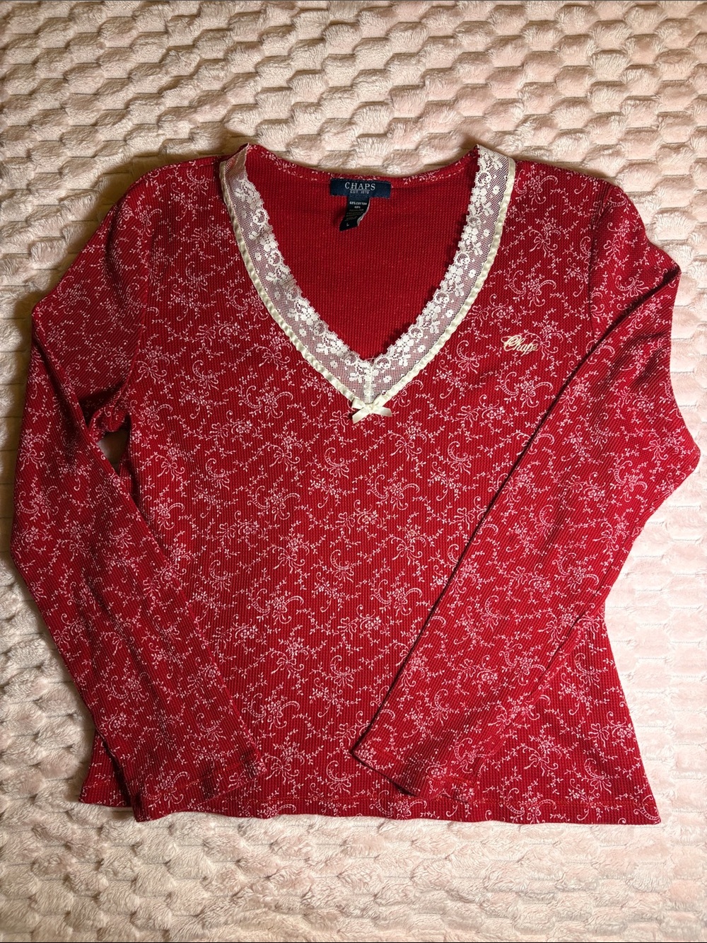 Chaps Red Long Sleeve V-Neck with White Lace Trim